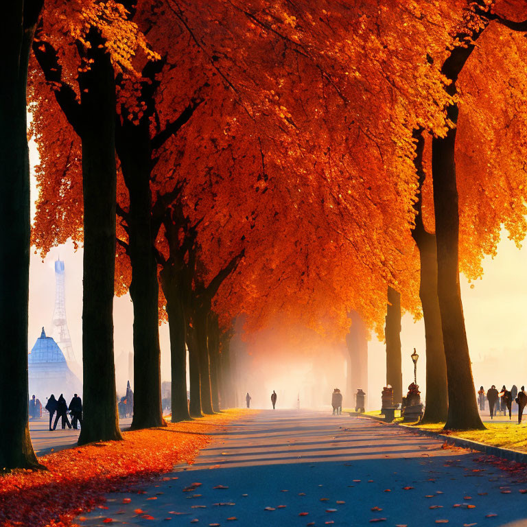 Scenic autumn pathway with golden foliage and silhouetted figures.
