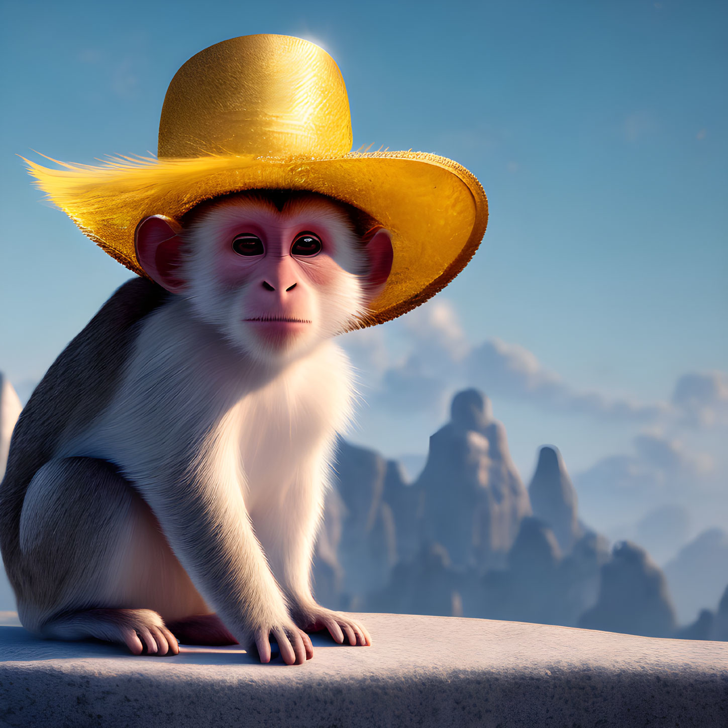 White and Grey Animated Monkey with Golden Hat on Ledge against Blue Sky
