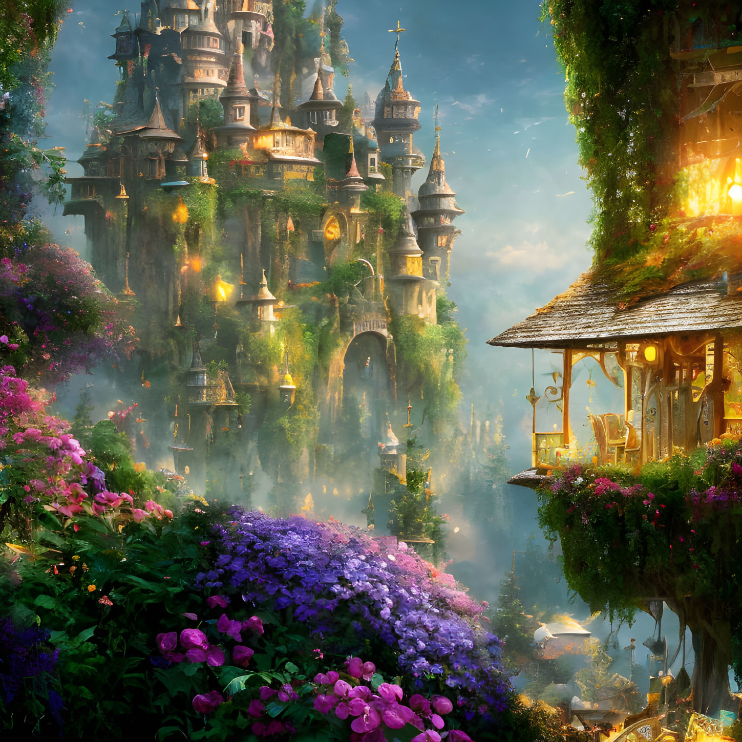 Sunlit fantasy castle surrounded by lush greenery and purple flowers.