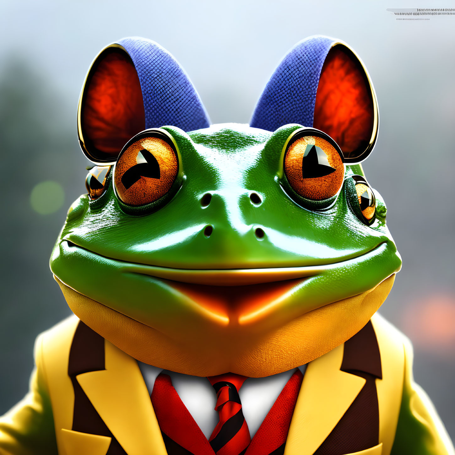 Anthropomorphic frog in yellow suit and headphones with red tie