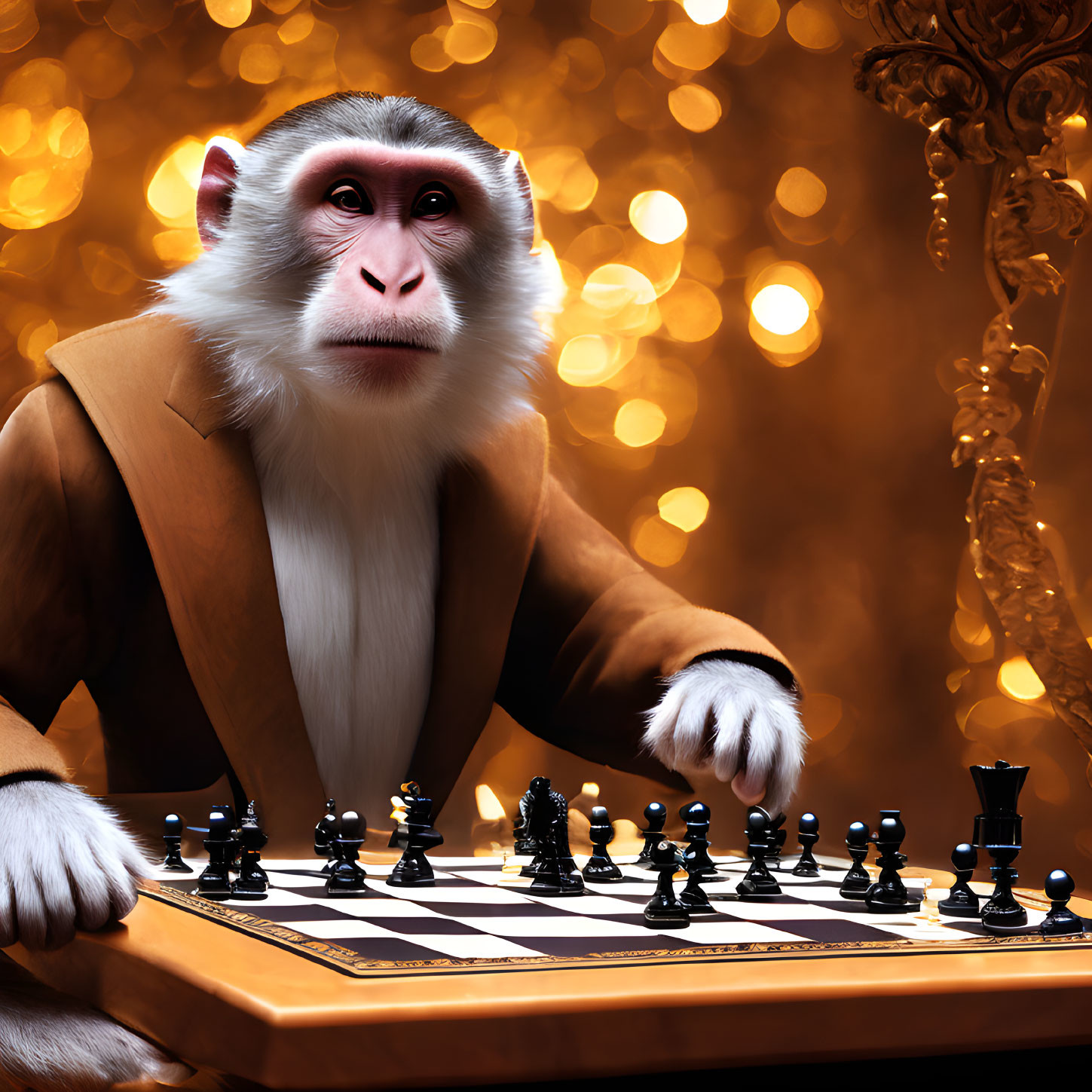 Monkey in Suit Playing Chess Against Bokeh Light Background