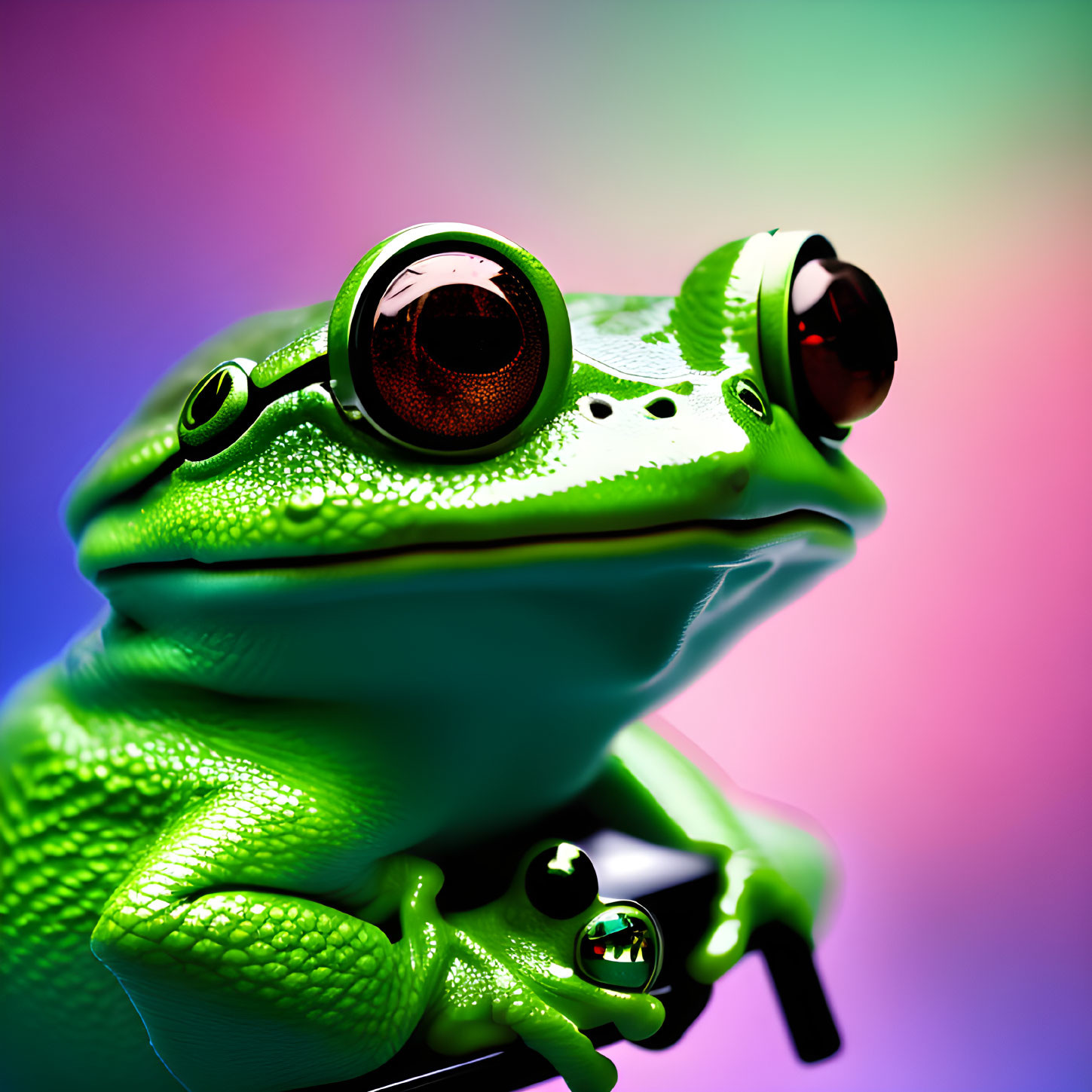 Green frog with bulbous eyes on vibrant multicolored backdrop