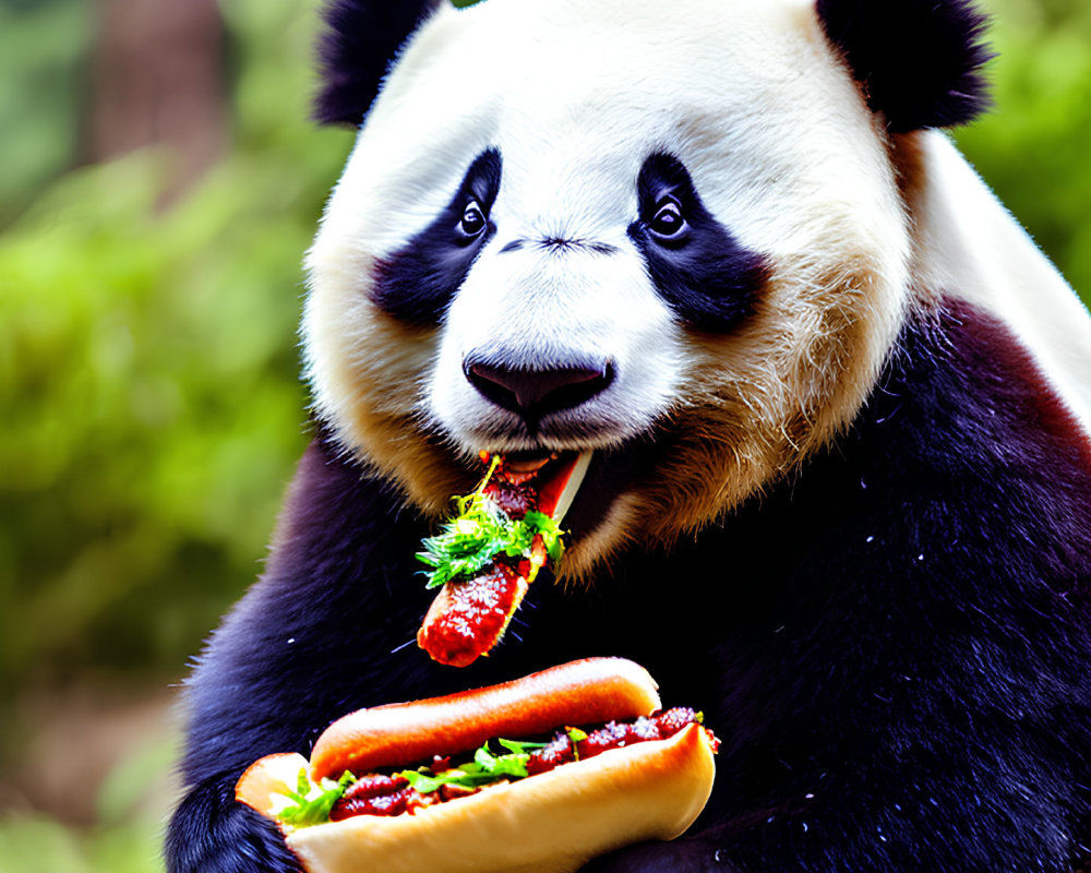 Panda bear eating a hot dog in a forest