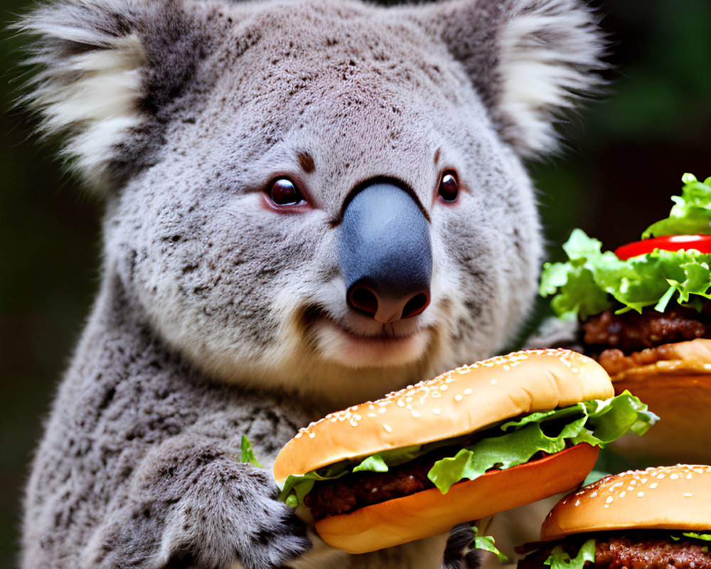 Adorable Koala Holding Two Hamburgers Outdoors