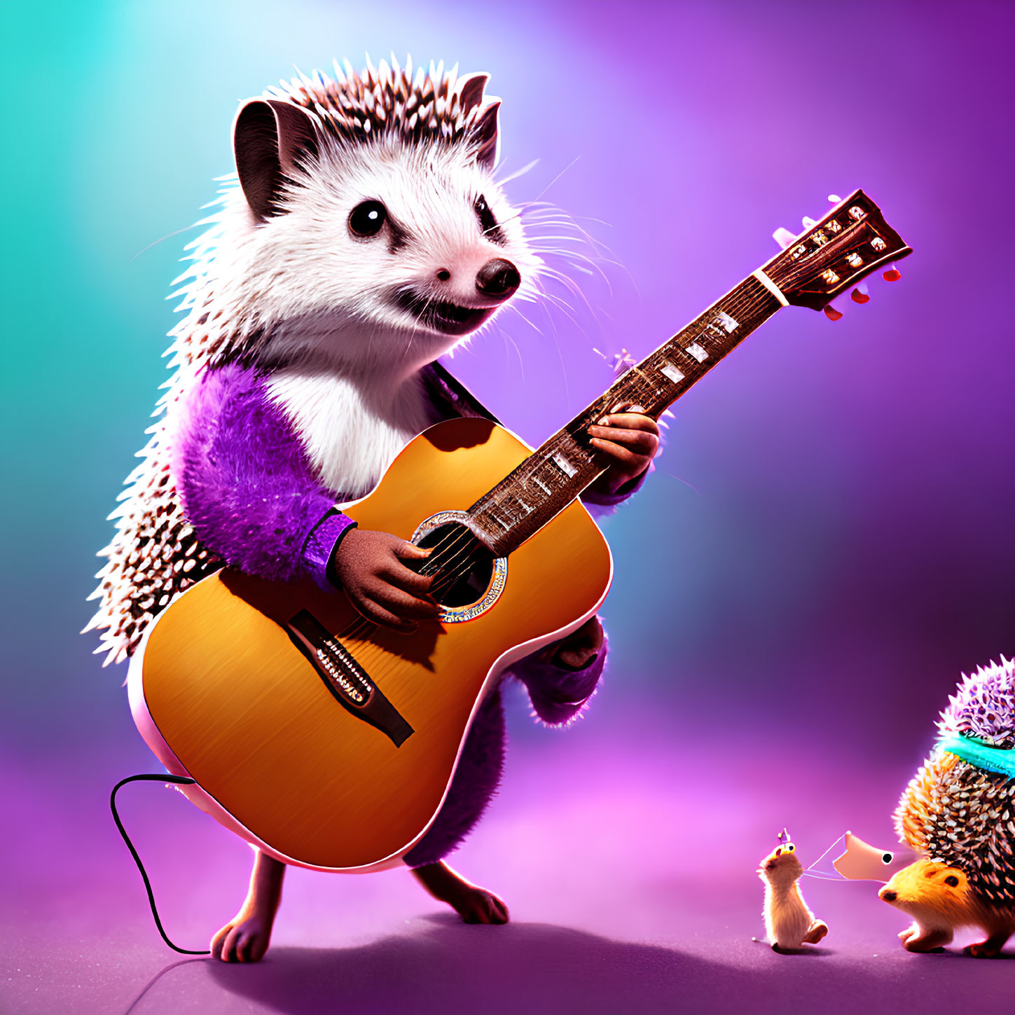 Anthropomorphic hedgehog playing guitar on purple-lit stage with tiny fans