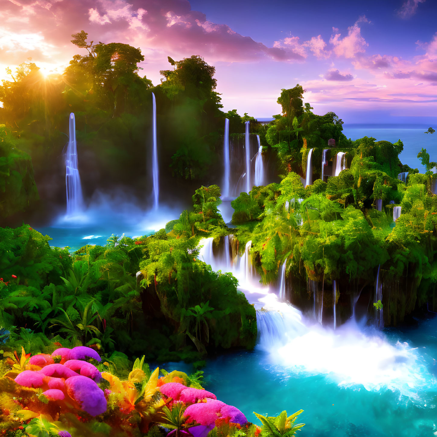 Tropical Waterfall Scene with Pink Flowers and Sunset Sky