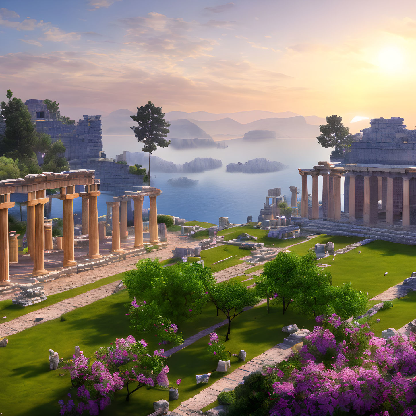 Ancient Greek ruins with pink flowers by calm sea at sunrise