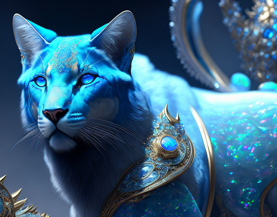 Blue feline with golden markings and jewelry exuding mysticism and royalty
