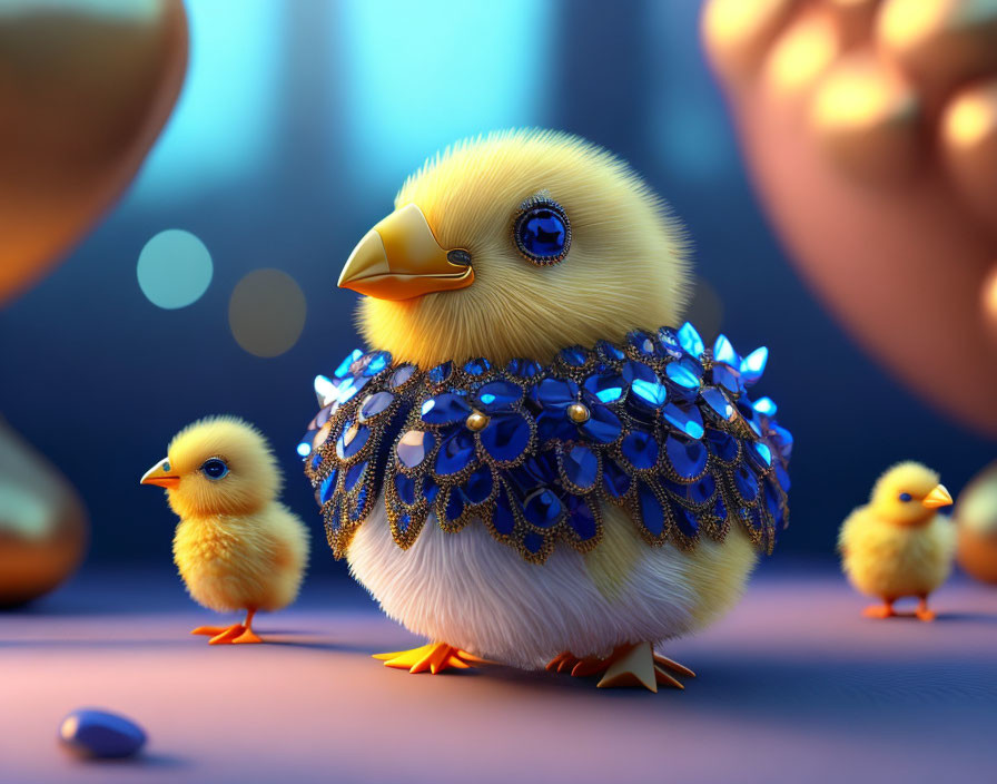 Cartoon chicks with blue crystal adornment on one, set against warm background