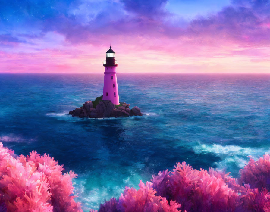 Pink lighthouse on island in pink coral sea under purple sky