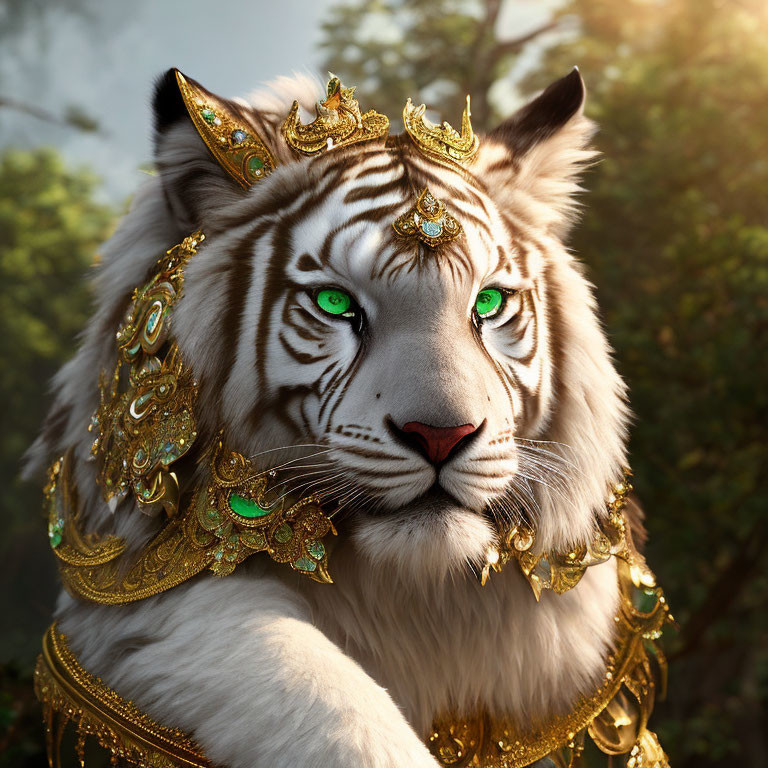White Tiger with Green Eyes and Golden Jewelry on Softly Lit Background