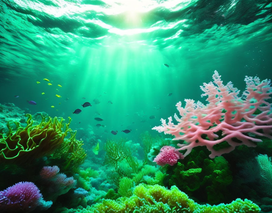 Underwater scene: Sunlight illuminates coral reefs and marine life