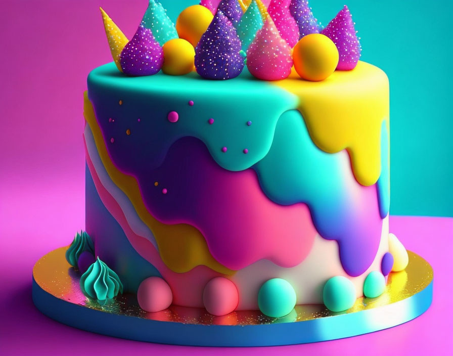 Colorful Cake with Dripping Icing and Party Decor on Pink Background