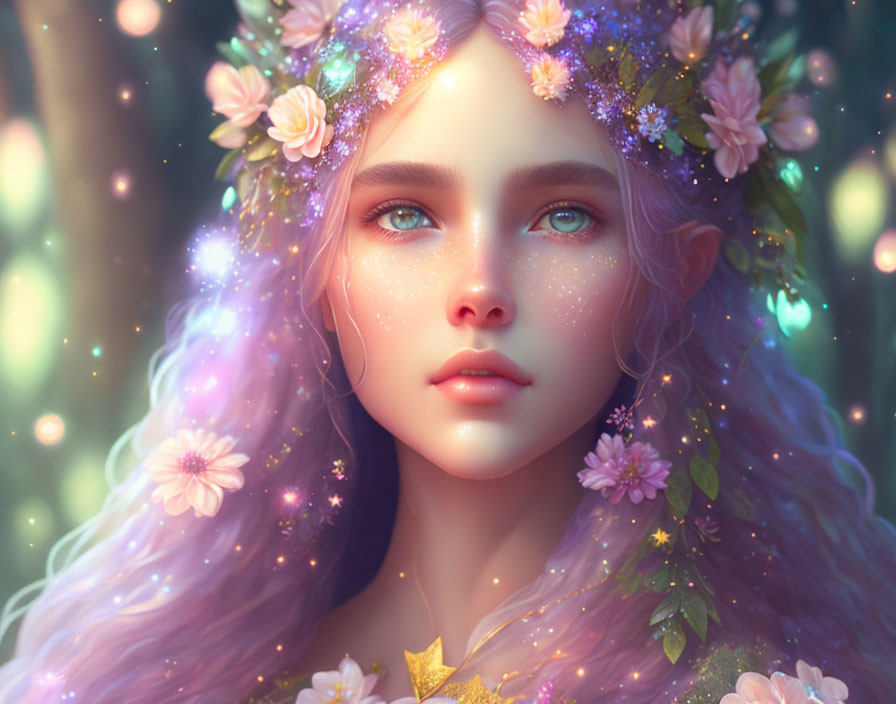 Close-up portrait of female with floral hair wreath in magical fantasy setting