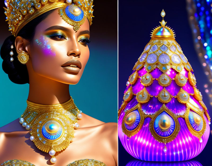 Luxurious woman with golden jewelry and crown next to gem-studded peacock object
