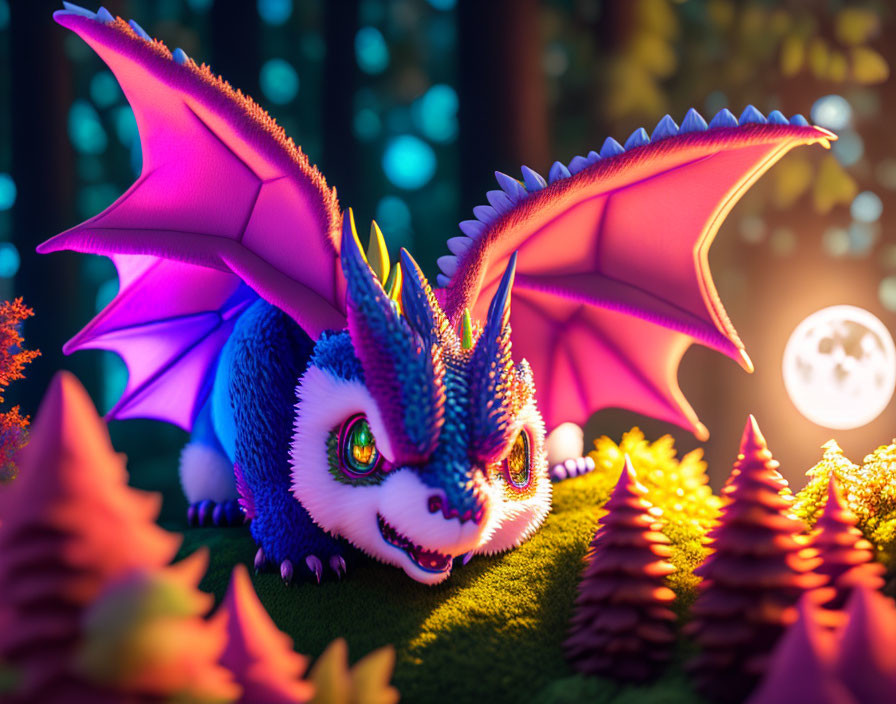 Colorful Stylized Dragon Toy in Magical Forest with Glowing Plants