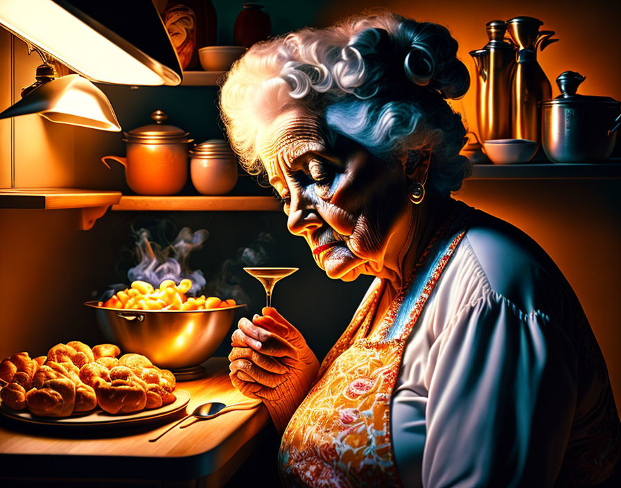 Curled hair elderly woman in warmly lit kitchen with steaming pot