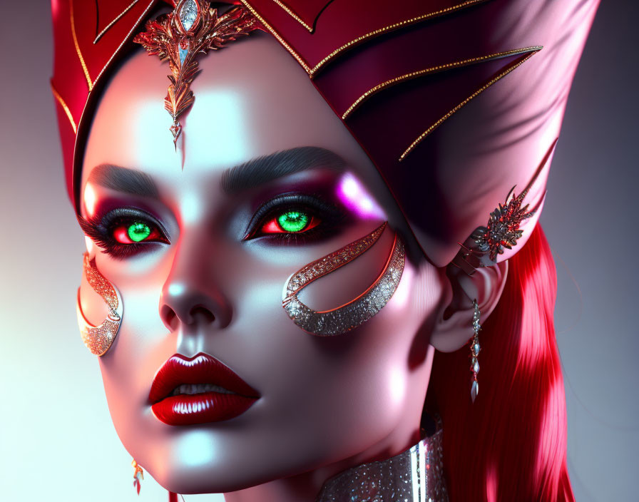 Digital art portrait of woman with green eyes, red hair, ornate crown, glowing lighting effects