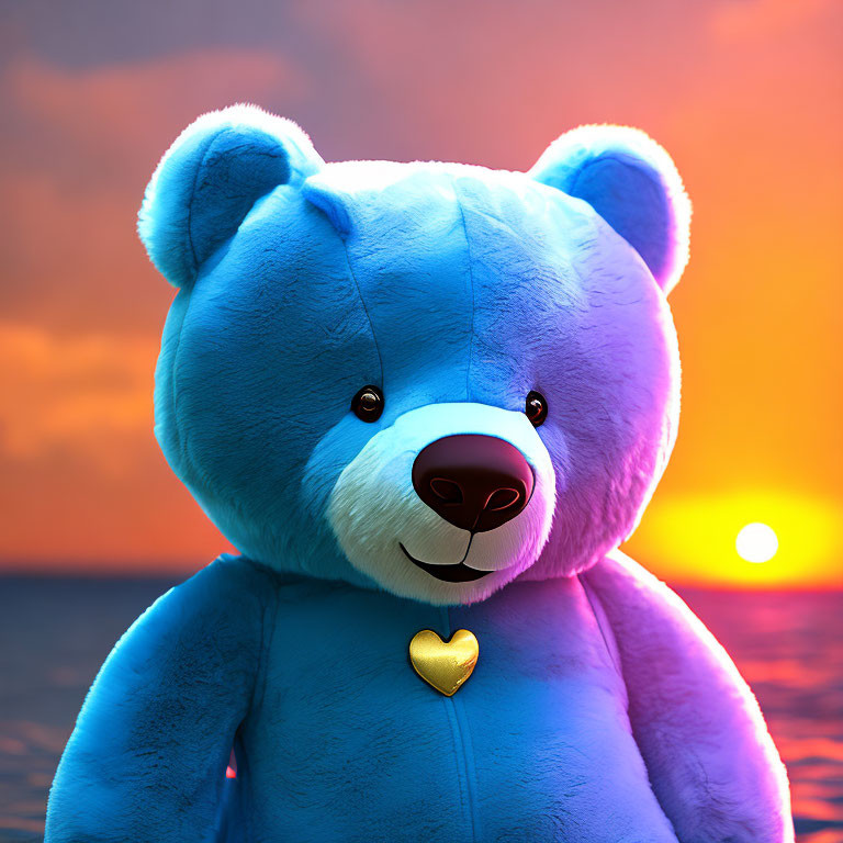Blue Teddy Bear with Heart-Shaped Nose and Golden Heart on Chest Against Ocean Sunset