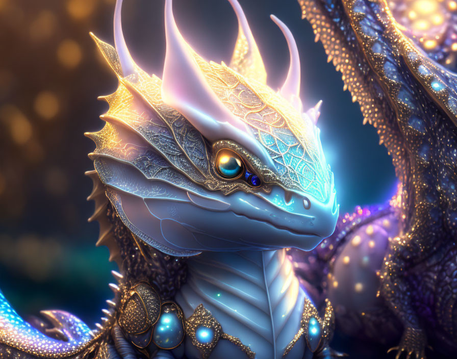 Luminescent Blue Dragon with Glowing Horns and Golden Surroundings