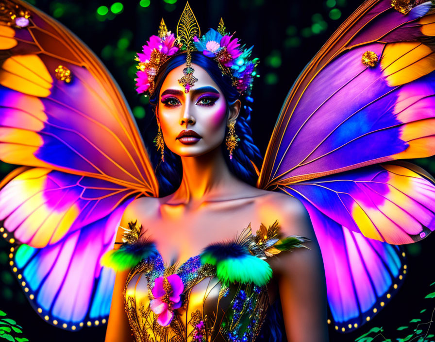 Person with butterfly wings and vibrant makeup in fantasy costume with feathers and flowers on dark background