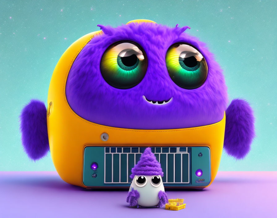 Purple Fluffy Monster with Green Eyes on Yellow Radio Next to Small White Creature with Purple Hat and Yellow