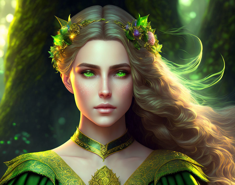 Digital art portrait: Woman with green eyes, green & gold dress, floral crown, forest background