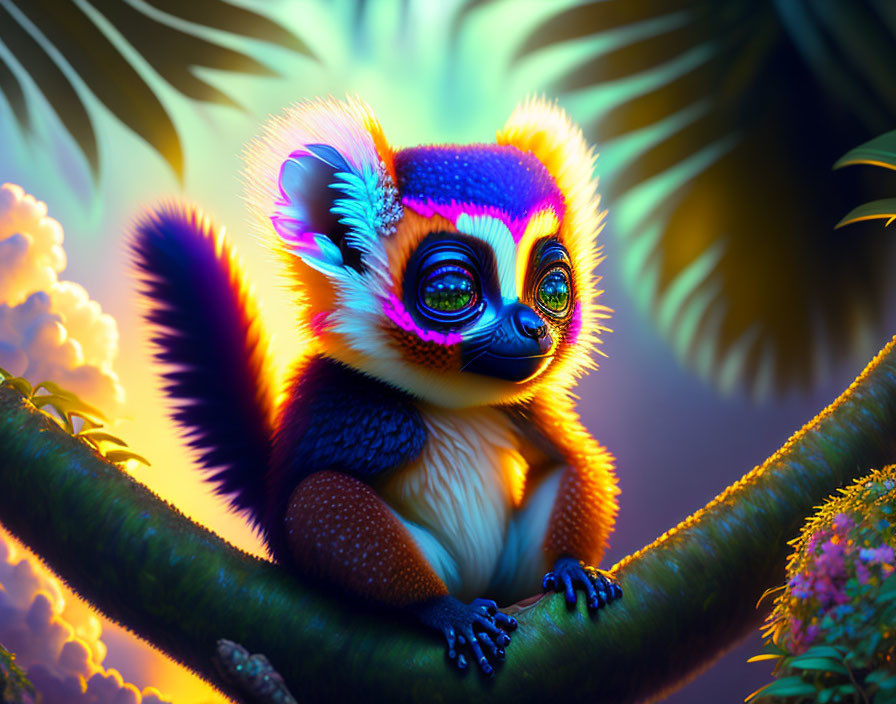 Colorful Stylized Lemur in Neon Jungle Setting
