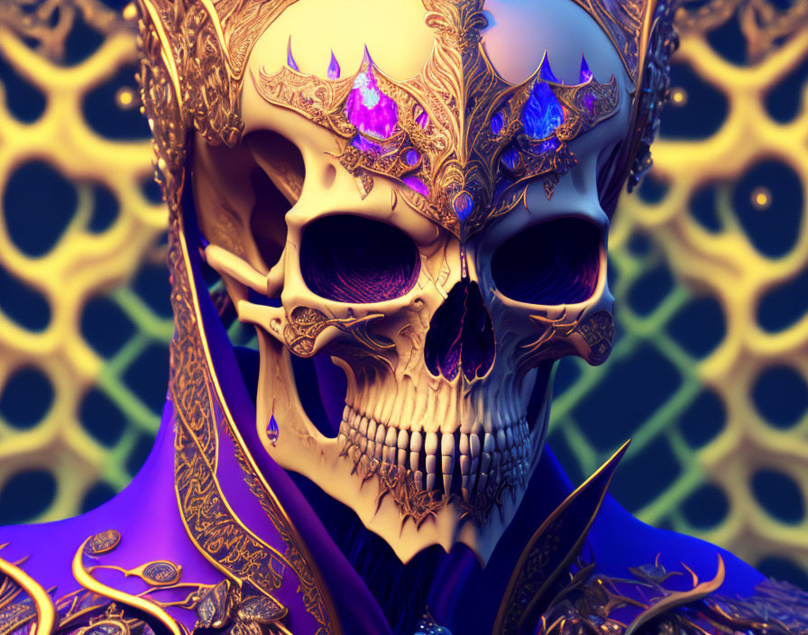 Intricate Golden Skull with Purple Jewels on Geometric Background