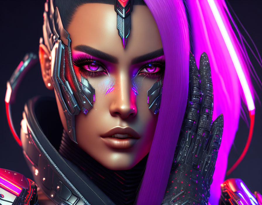 Futuristic female with cybernetic enhancements and vibrant pink hair