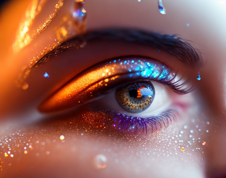 Human eye with glittering makeup and sparkling droplets reflecting burst of colors