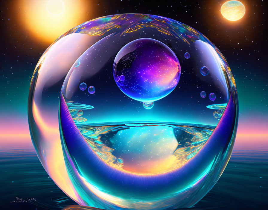 Colorful Digital Artwork: Transparent Bubble Reflecting Cosmic Scene