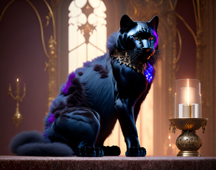 Black Cat with Blue Eyes and Gold Necklace in Ornate Room with Candle and Chandelier