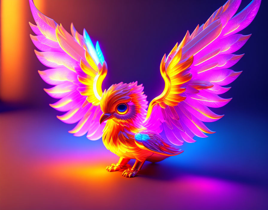Colorful digital artwork: Mythical bird with vibrant wings on gradient background