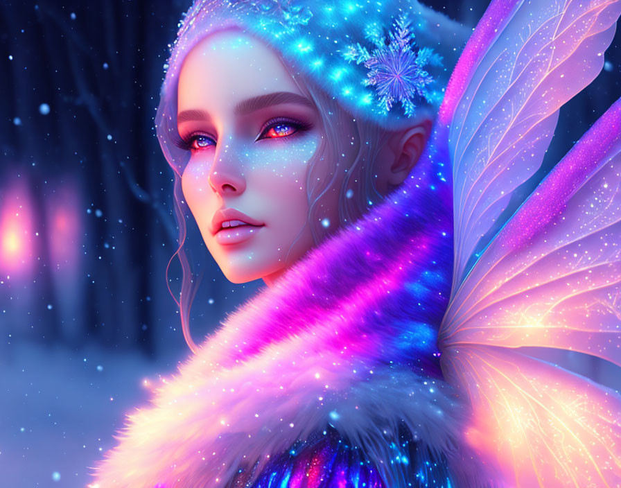 Fantasy-themed digital art of female with butterfly wings and fur cloak