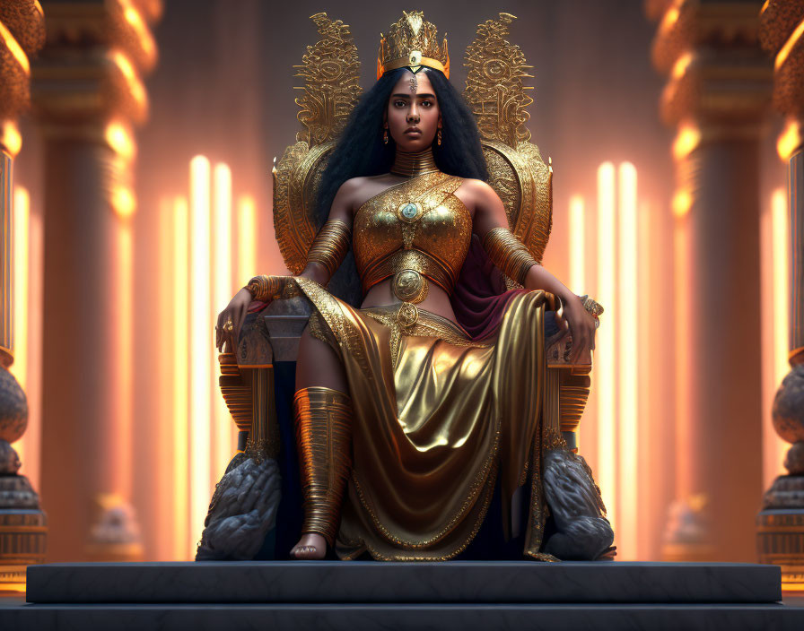 Regal queen on grand throne in golden regalia
