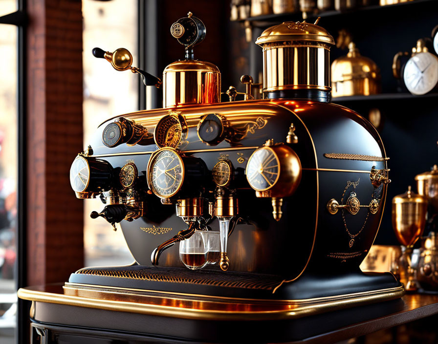 Vintage Espresso Machine with Black & Gold Accents in Warmly Lit Interior