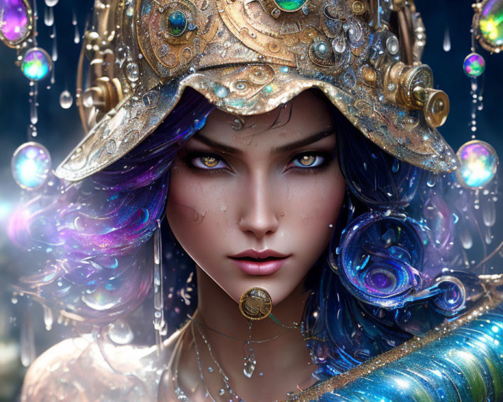 Mystical armored woman with gold and gemstones, colorful hair with water droplets