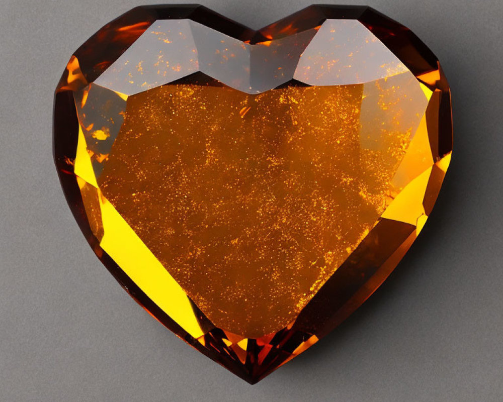 Heart-shaped gemstone with orange and yellow hues on grey background