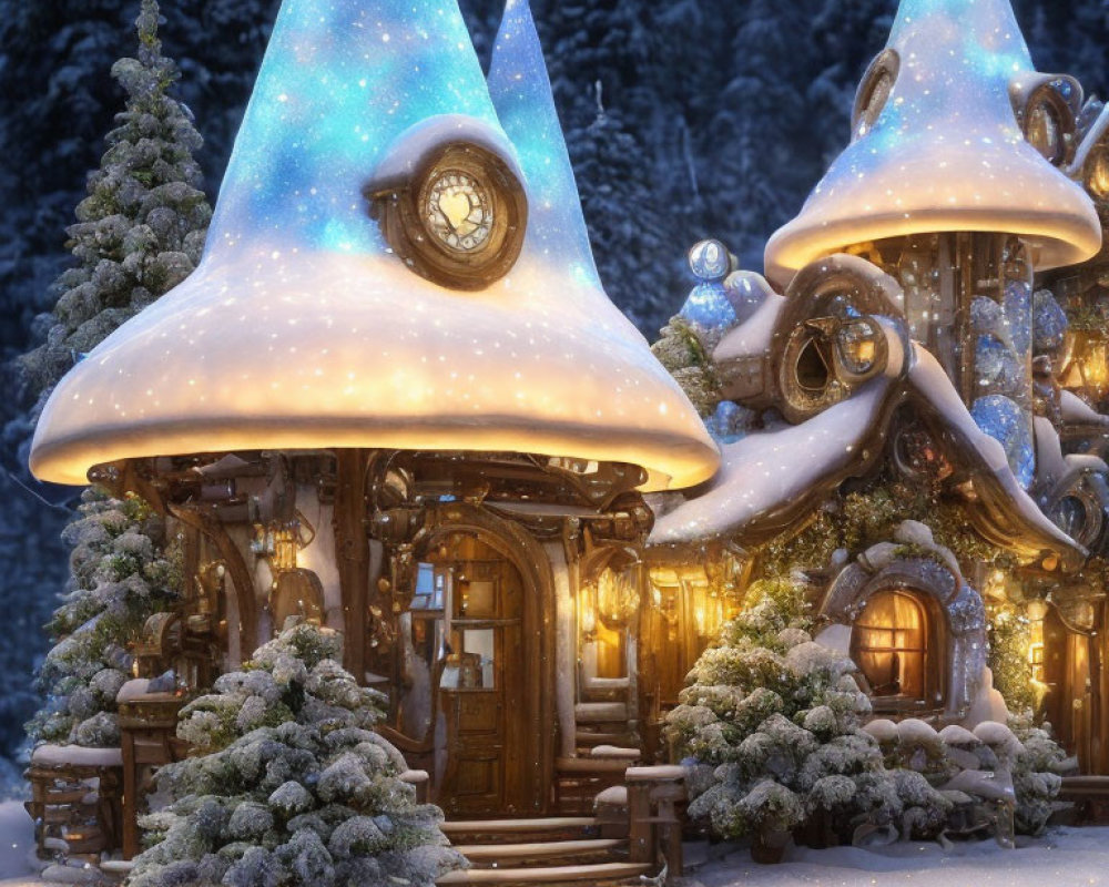 Fantasy Mushroom Houses in Snowy Winter Forest