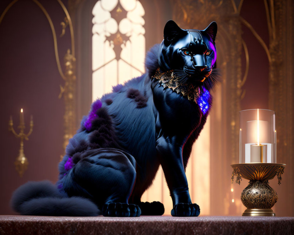 Black Cat with Blue Eyes and Gold Necklace in Ornate Room with Candle and Chandelier
