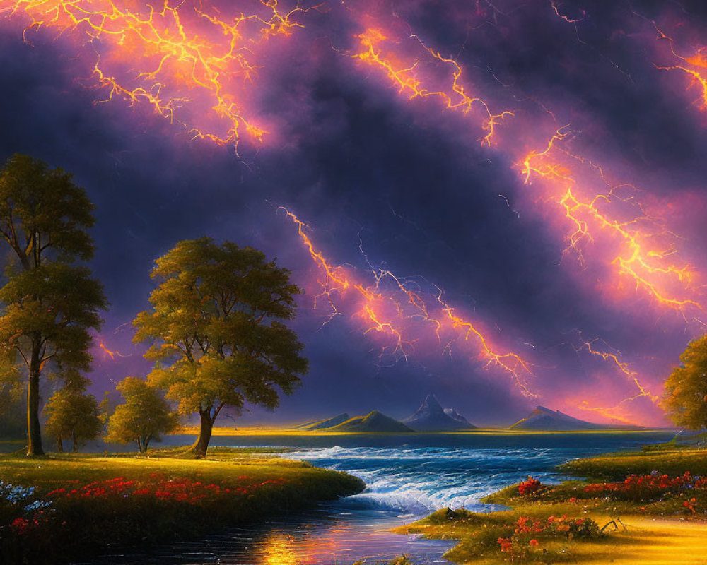 Dramatic landscape with river, trees, flowers, stormy sky & lightning