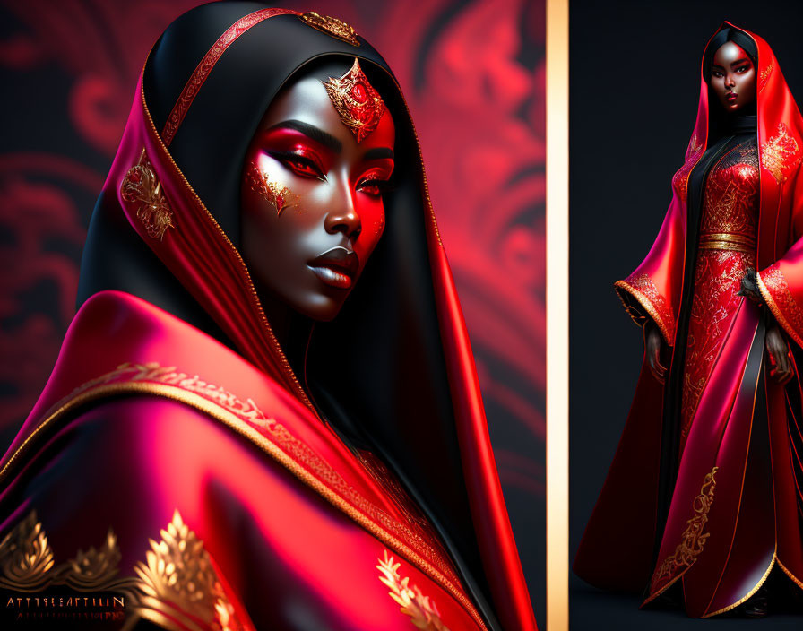 Digital artwork of a woman with black skin in red and gold attire with elaborate headdress