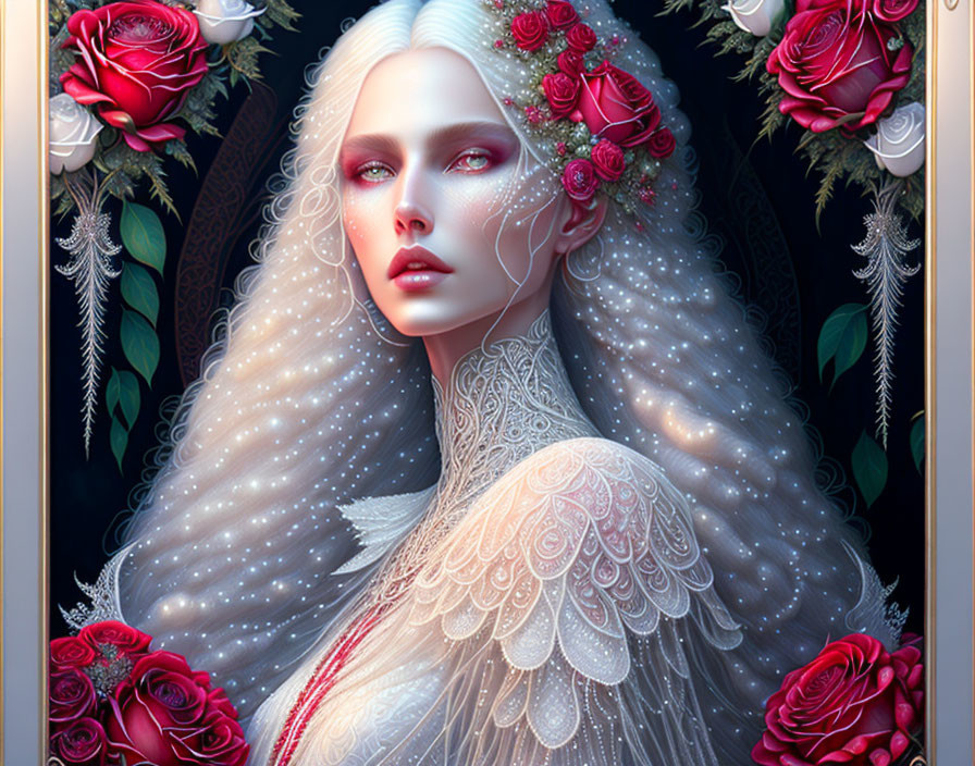 Portrait of Woman with Alabaster Skin and White Hair Adorned with Red Roses