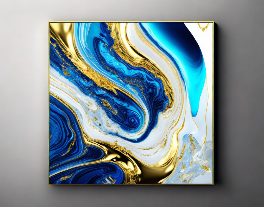 Blue and Gold Swirl Abstract Art on Square Canvas Against Grey Wall