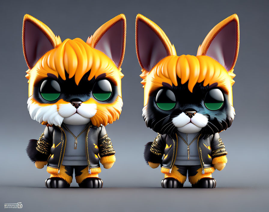 Stylized animated cat figures in black and gold jackets against grey background