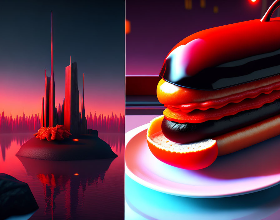 Split Image: Futuristic Cityscape & Glossy Hot Dog Close-Up