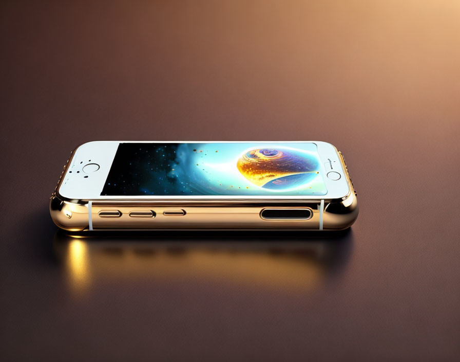 Gold-colored smartphone with cosmic image on reflective amber surface