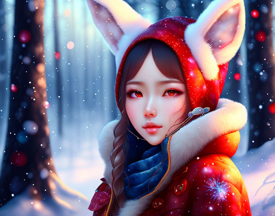 Digital artwork: Girl with fox ears in red coat, snowy forest scene