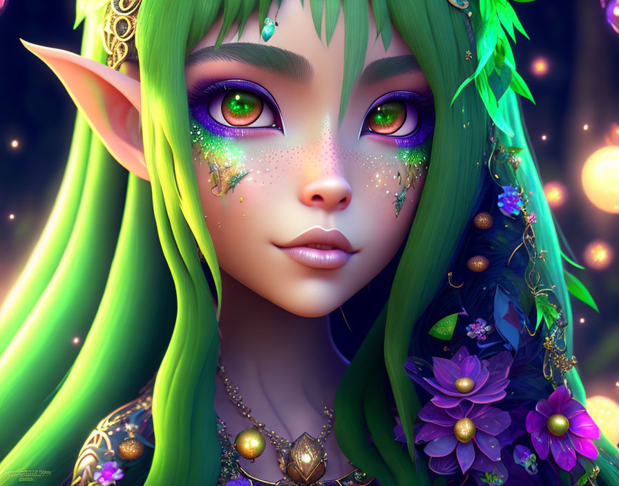 Digital artwork: Green-haired elf with emerald eyes and flowers, mystical aura